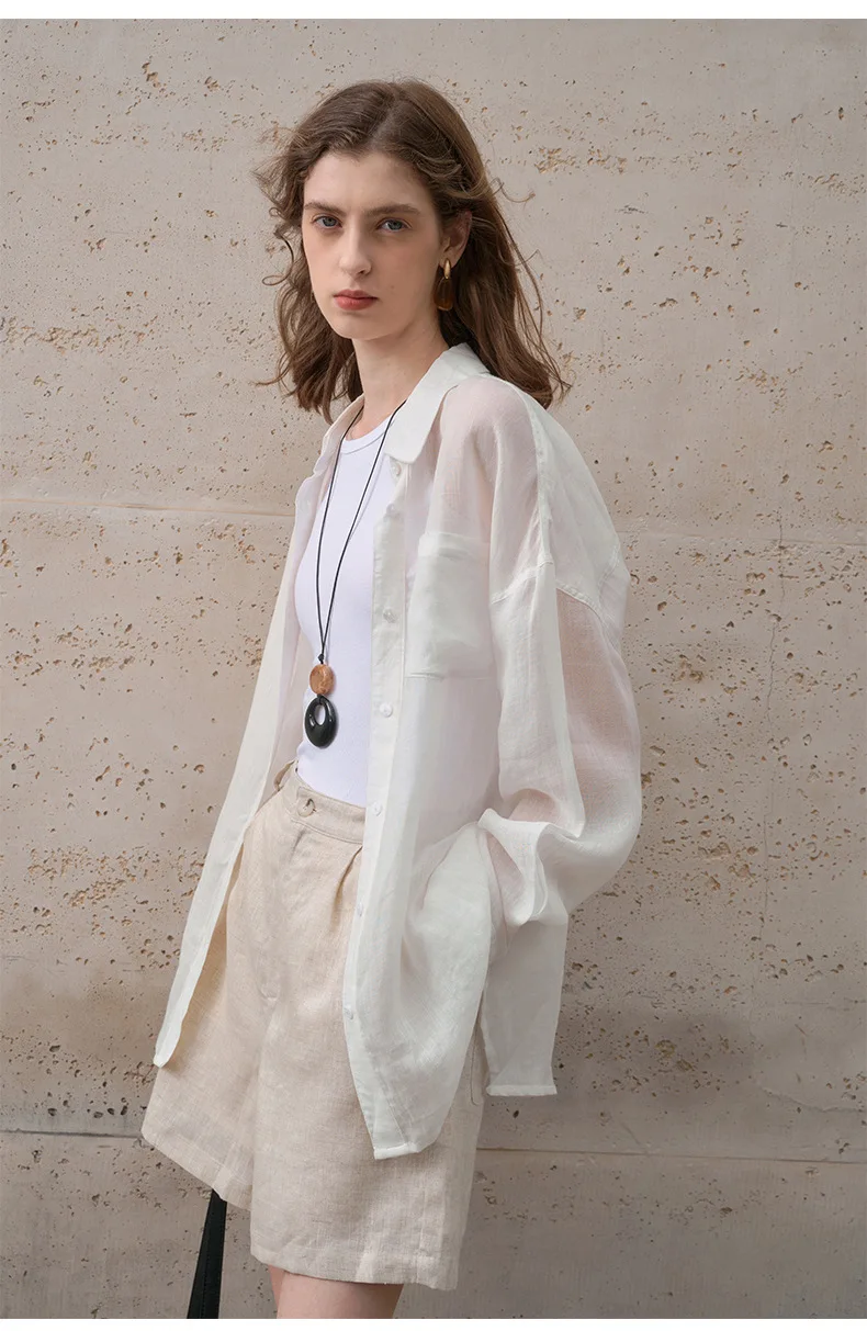 Damen-Freizeithemd aus 100 % Ramie im französischen Stil, Frühjahr/Sommer 2026, neu, einreihiger Cardigan, Damen-Revers-Langarmhemd in Weiß – Detail 24