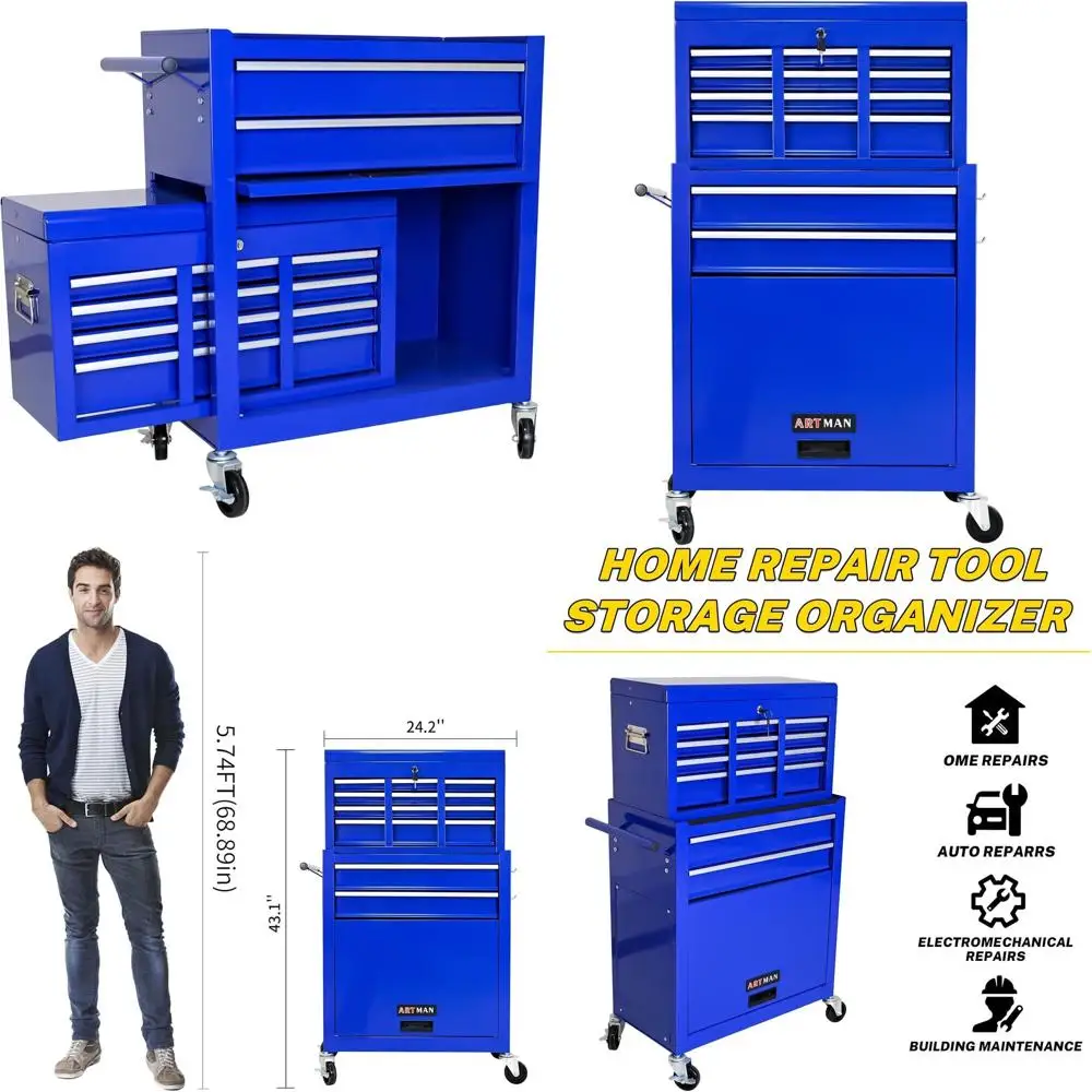 

Heavy-Duty 8-Drawer Steel Tool Chest on Wheels with Lockable Top for Mobile Storage in Workshops and Garages