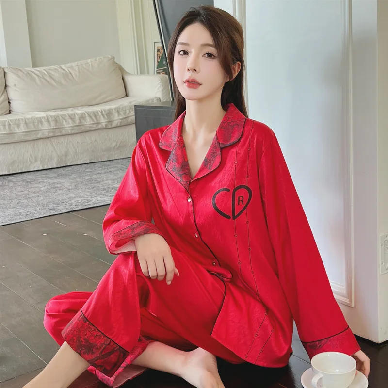 Noble Spring And Summer Pajamas Woman Ice Silk Red Heart-shaped Lapel Long Sleeve Casual Simpl High Quality Satin Pyjamas Sets