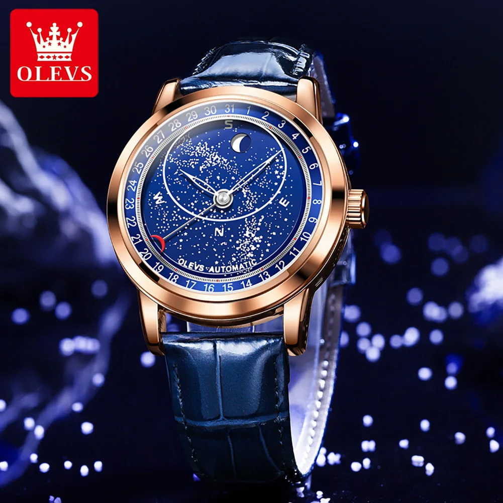 OLEVS Starry Sky Blue Luminous Men\'s Watch Automatic Mechanical Leather Strap Waterproof Wristwatch TOP Brand Men Watch Business