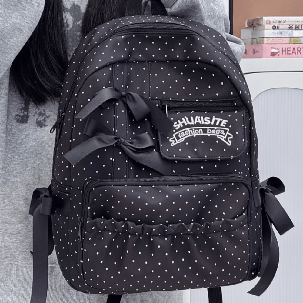 Nylon Polka Dot Bow Backpack Large Capacity Multi-Compartment Daypack Zipper Closure Polyester Lining Travel Backpack