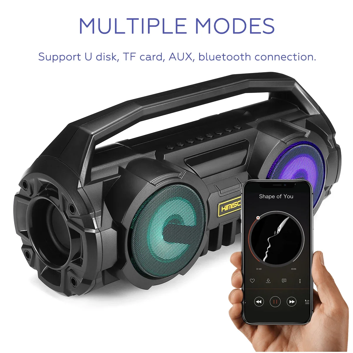 مكبر صوت بلوتوث 5.0 محمول 10 وات ستيريو باس ملون بإضاءة LED مع ميكروفون