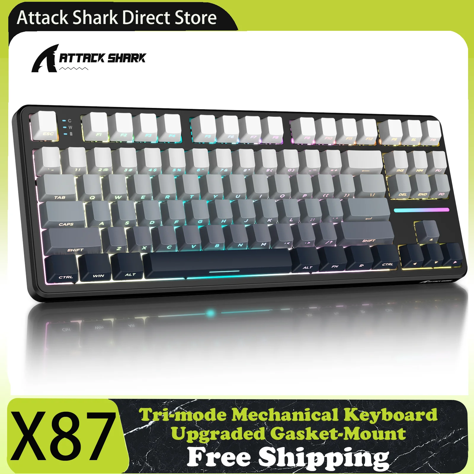 

Attack Shark X87 Tri-mode Gasket Mechanical Keyboard, 87 keys ANSI Layout, 2.4G Wireless/Bluetooth/USB-C, Hot-Swap Linear Switch