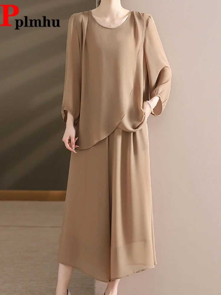 

Women's Casual Baggy Conjuntos Fashion O-Neck Loose Pullover Top Ensemble Elegant Straight Ankle-Length Pants 2 Piece Set