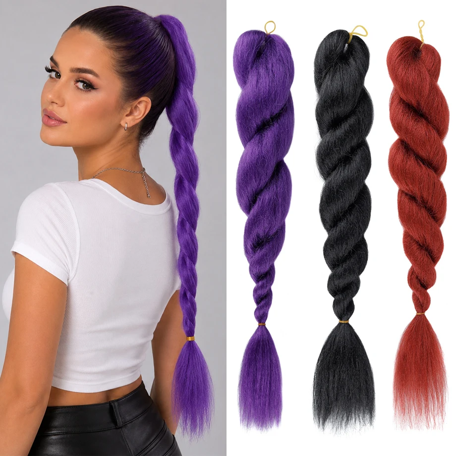 24 inch Purple Braids Ponytail Hair Pre Braiding Hair with Tie Synthetic Purple Hair Extensions for Halloween Costume Cosplay