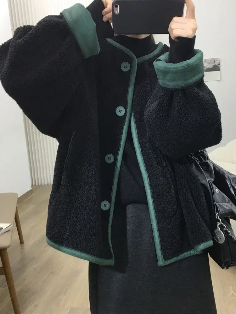 

plus Size Women's Warm Lamb Velvet Coat Loose Fit Color Block Outerwear Autumn Winter Casual Style Korean Fashion 300 Pounds