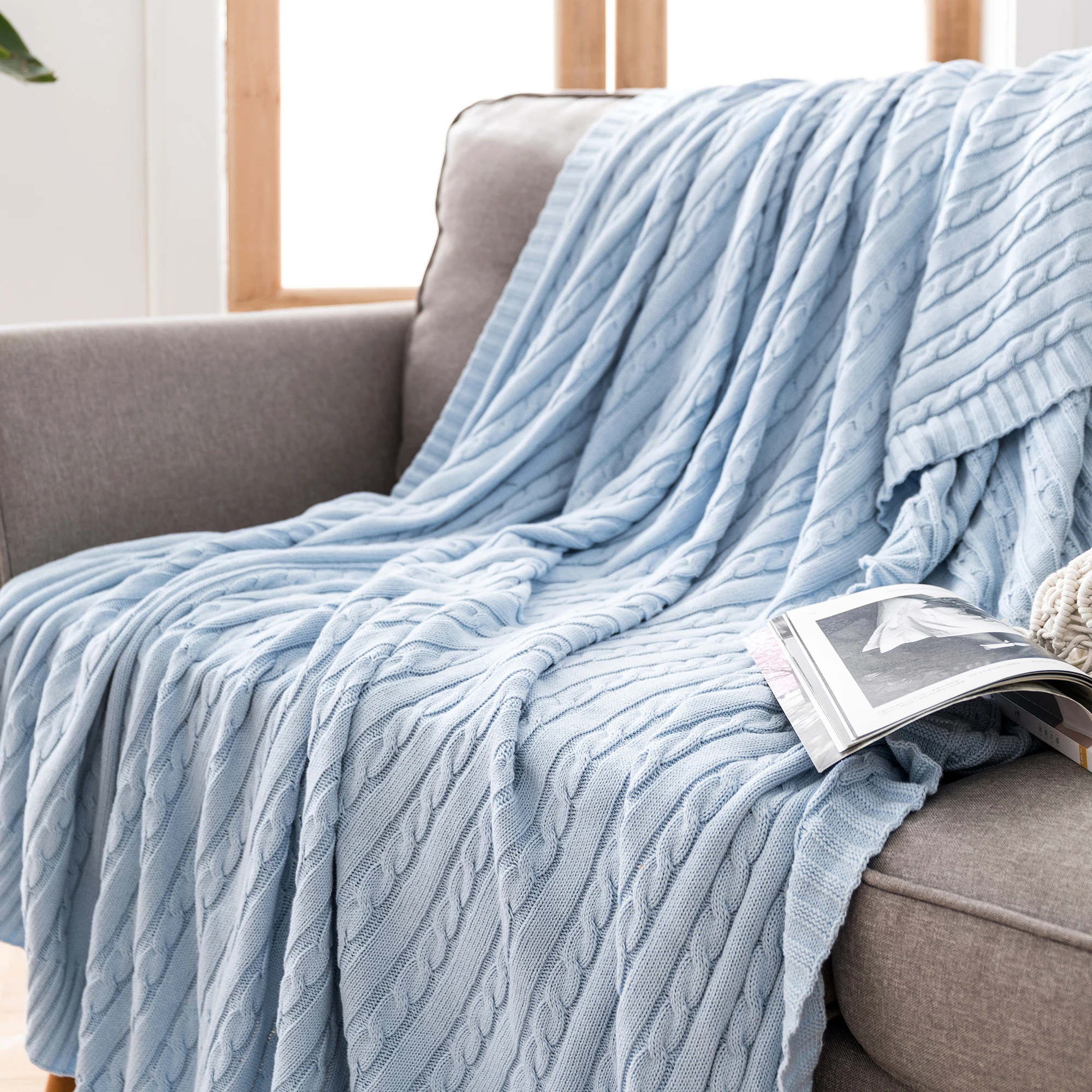 Battilo Cotton Knitted Throw Blanket Soft Cozy Cable Knit Sofa Throws Large Heavyweight Decorative Blanket for Twin Queen Bed