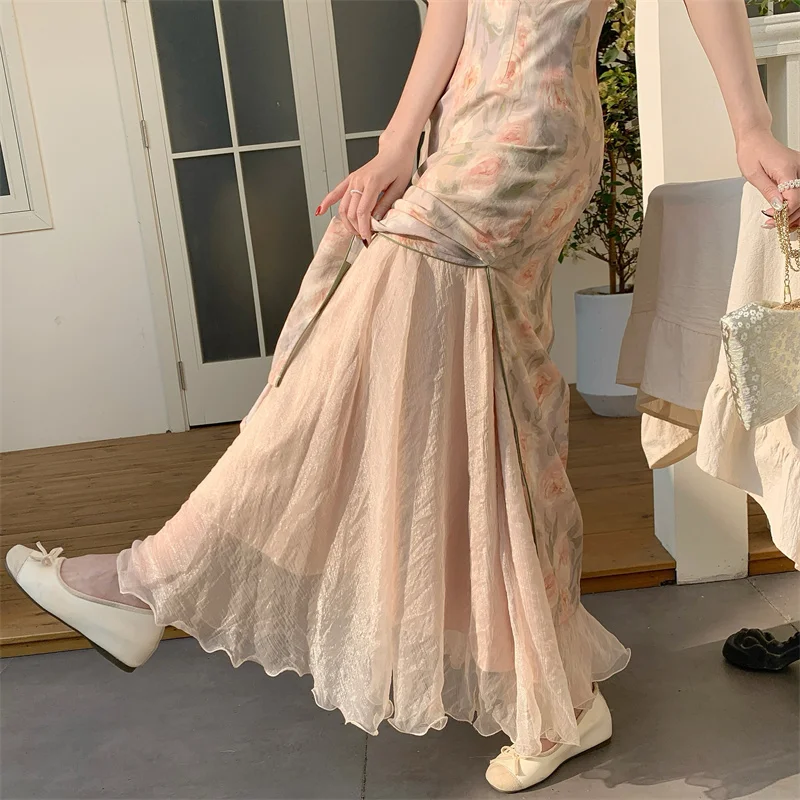 Slimming Wave  Tulle Skirt Long A-Line Midi Skirt Polyester Fiber Silk Luster High Waist Fluffy Fairy Half Body Skirt