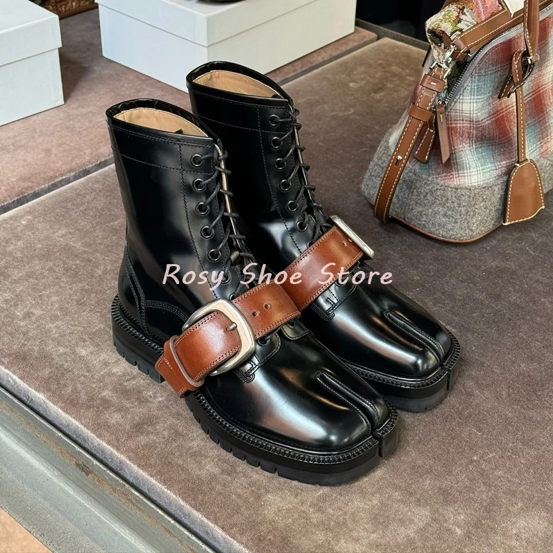 

Belt Buckle Tabi Booties Soft Genuine Leather Square Toe Split Toe Lace Up Platform Boot Street Trendy Ankle Boot Neutral Style