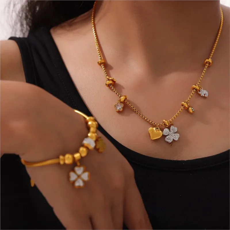 Elegant Women\'s Clover Pendant Necklace Bracelet Gold Color Stainless Steel Neck Chain Necklaces Bracelets Jewelry Set For Women