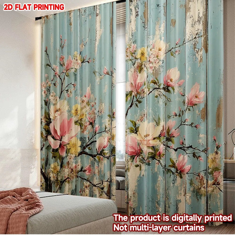 2pcs Blue Green Floral Curtains , Pink Yellow Blossoms with Leaf Stems on Light Background for Cozy Bedroom Decor