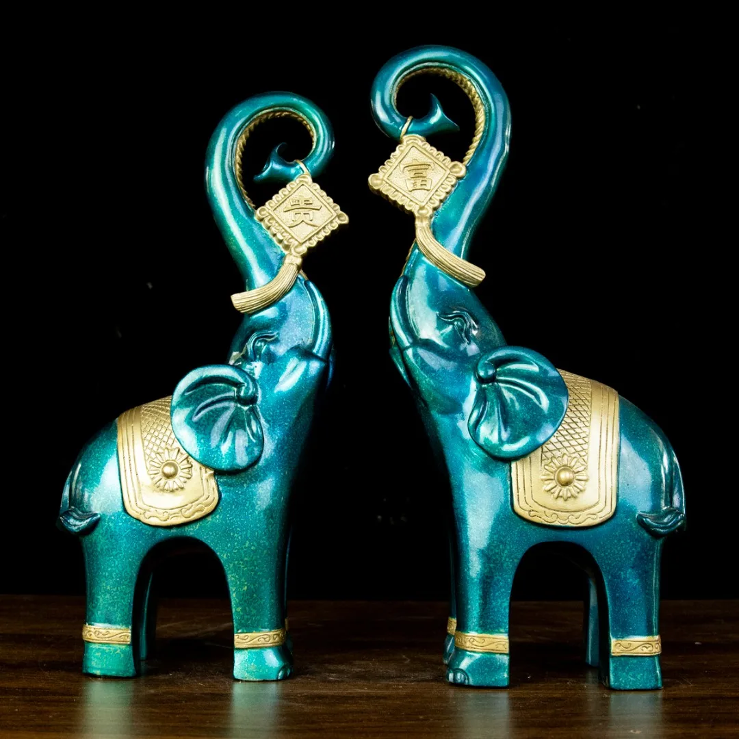 

13"Tibetan Temple Collection Old Brass Paintings Wealth Prosperity Elephant Statue A Pair Screen Gather wealth Ornaments