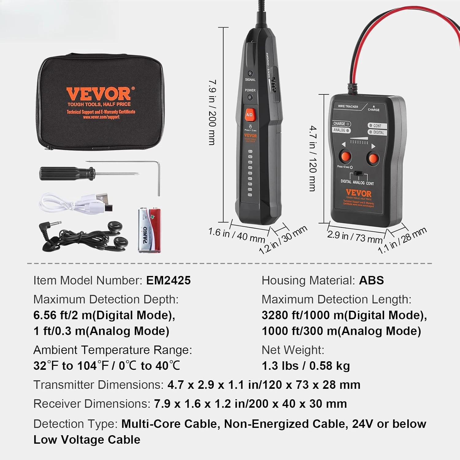 Underground Cable Locator, 6.5Ft Max Detection Depth Wire Tracer Break Detector Finder with Earphone, 3280Ft Max. Detection