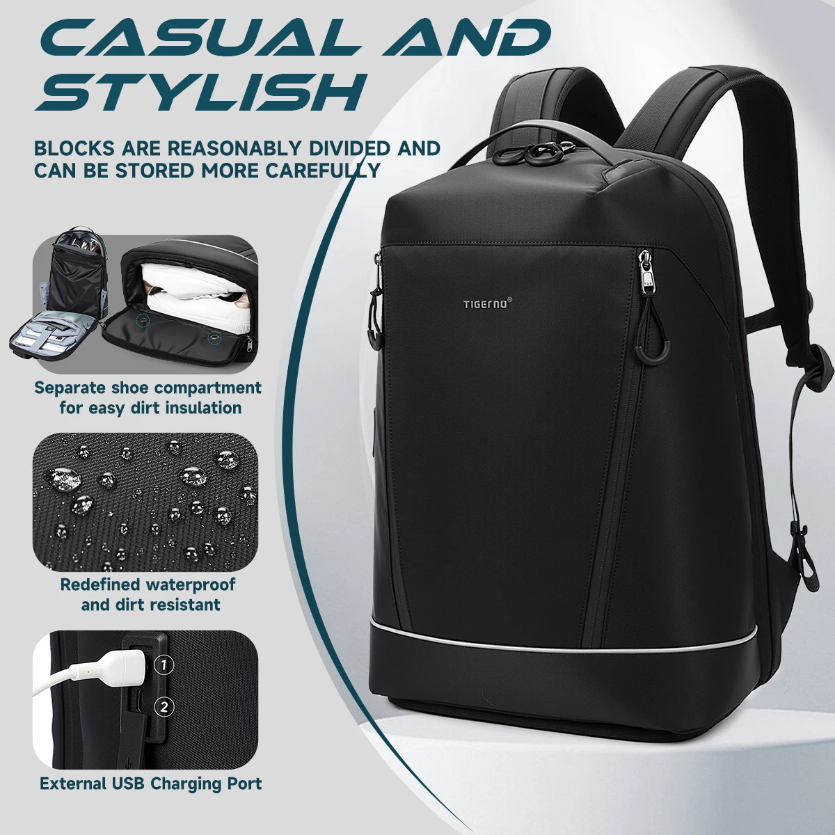 حقيبة ظهر عصرية للرجال من Tigernu مع جيب للأحذية 180 ° فتح الحقائب الذكور حقيبة المدرسة كمبيوتر محمول حقائب الظهر المدرسية #1