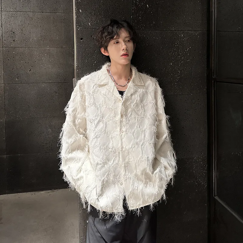 

Korean Sle Artistic Vintage Men's irt with Tassel Loose Fit Long Sve White Cold Tone Faion Urban Casual Outerwear