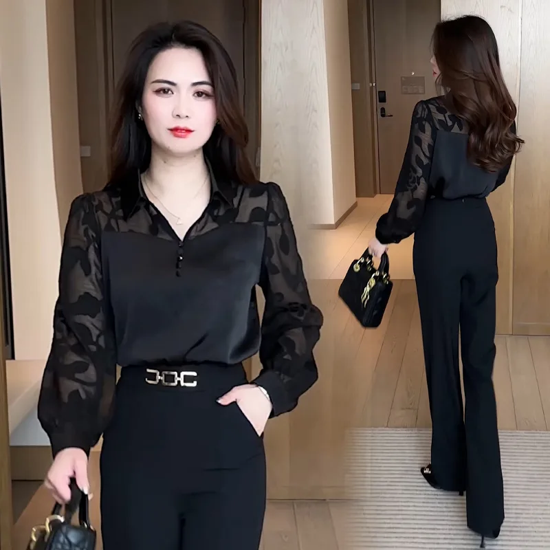 

Women's Black Long-sleeved Chiffon Shirt, Spring and Summer White Thin Section Slim V-neck Pullover, 2025 New