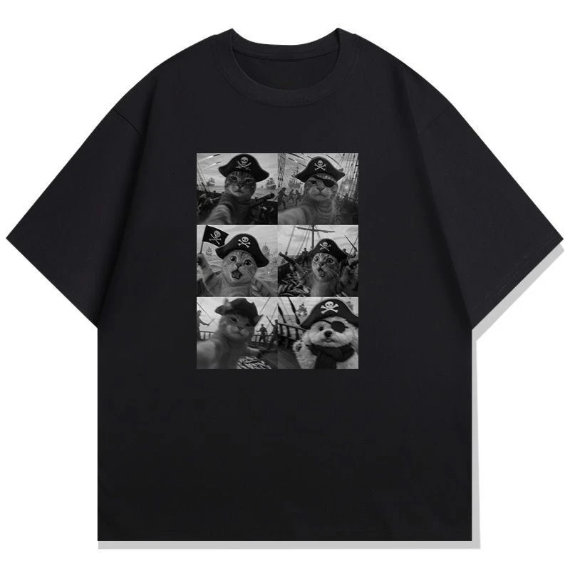 

Американская ретро пародия с кошачьим принтом, модная трендовая женская футболка с короткими рукавами и плечами, новинка 2025 года, черная хлопковая свободная футболка с коротким рукавом