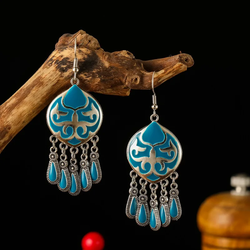 Vintage Ethnic Enamel Fire Totem Water Drop Earrings for Women Creative Design Silver Color Metal Earring Party Vacation Jewelry
