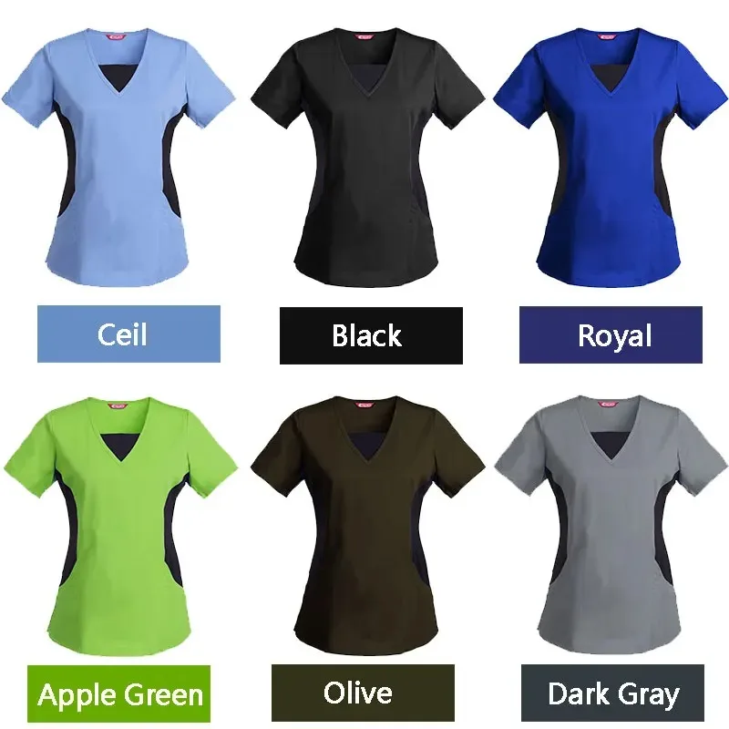 Women's Scrub Top Nursing Uniform Blouse Short Sleeve V-neck Working Top with Pockets