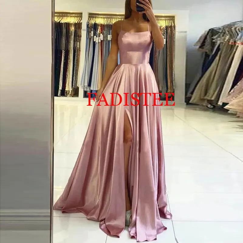 Novo estilo de cetim vestidos de baile alças espaguete dividir vestidos de noite vestidos de fiesta a linha longo vestidos formais roupões de soirée