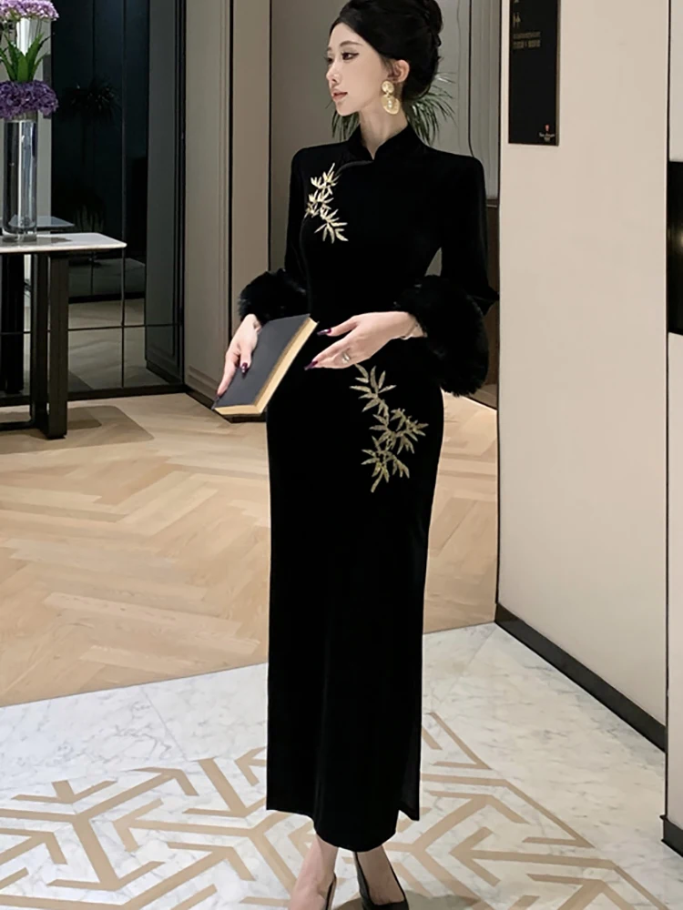 فستان نسائي كوري عتيق من قماش الجاكار المخملي باللون الأسود لعام 2025 فستان هيبورن للحفلات الراقصة للخريف والشتاء فساتين ضيقة أنيقة