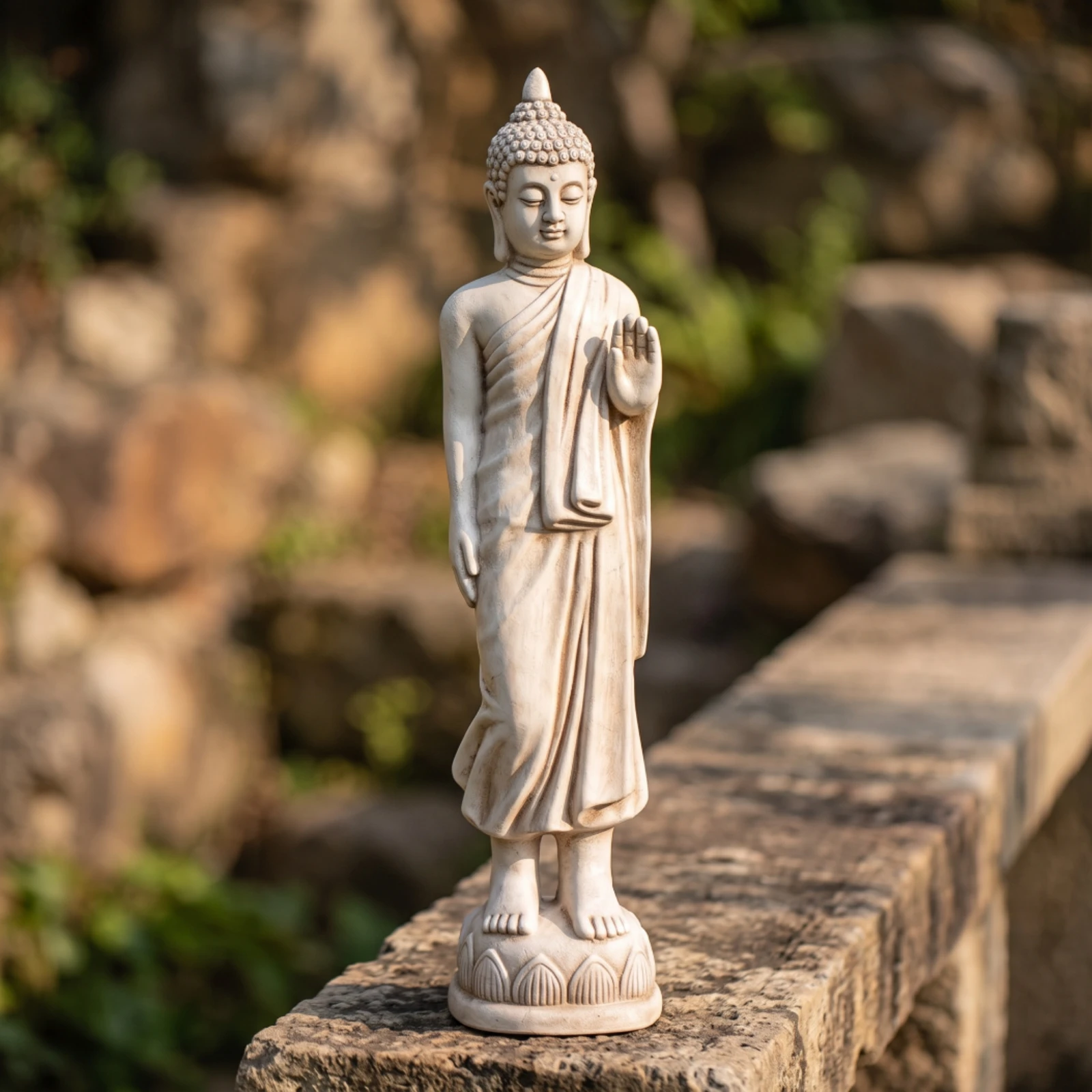 Standing Buddha Statue Sculptural Buddha Statue with Lotus Pedestal Standing Resin Figurine Serene Zen-Inspired for Buddhists