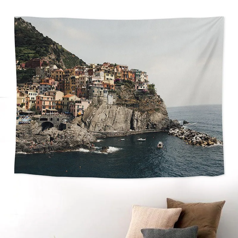 VIKAMA Colorful Cliffside Seaside Town Tapestries, European-Style Living Room Background Fabric, Wall Decoration Hanging Fabric