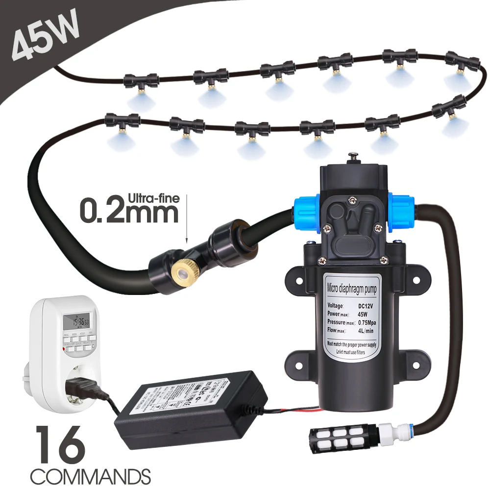 45W 0.2MM Misting Kit Pump Auto Self-priming Watering Cooling System Garden Patio Irrigation Outdoor Mister System Timer Control