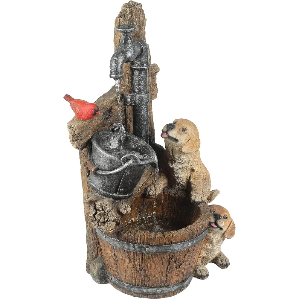 Water Fountain Outdoor, 3 Tiered Puppies and Water Pump Resin Outdoor Fountains,Water Fountains with LED Light