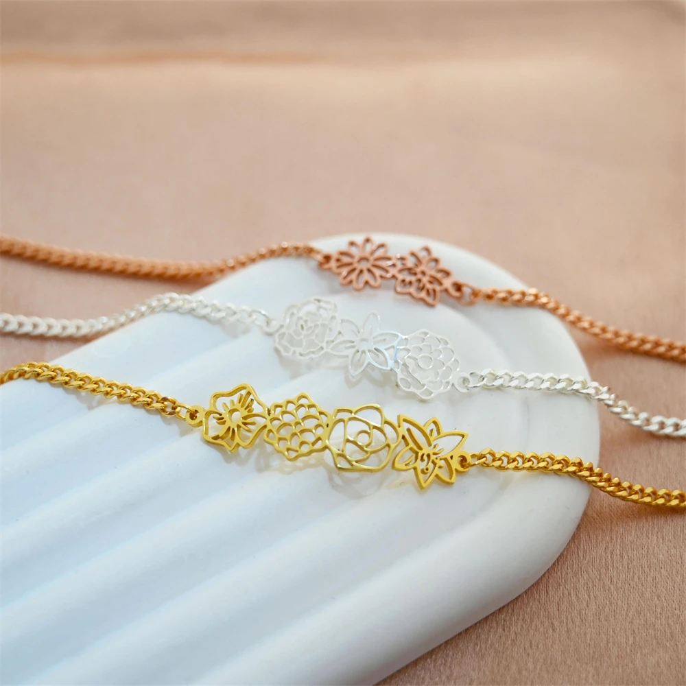 Personalized Stainless Steel Birthflower Bracelet Family Jewelry Custom Flower Charm Bracelets Mom Sister Birthday Gift