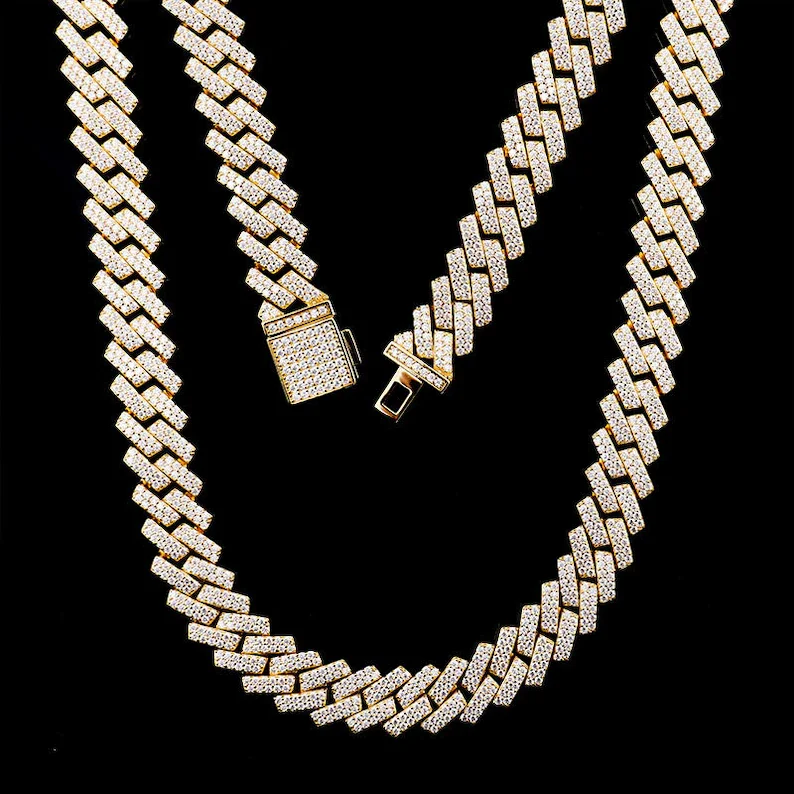 Hop Hip Moissanite Cuban Chain 12mm 925 Sterling Silver Gold Plating VVS Iced Out Moissanite Cuban Link Chain.
