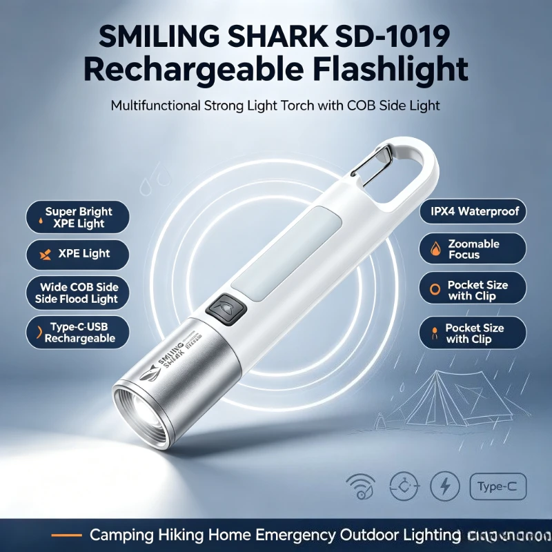 SMILING SHARK Super Bright Flashlight Multifunctional COB Side Work Light Rechargeable Zoom Torch Waterproof  SD-1019
