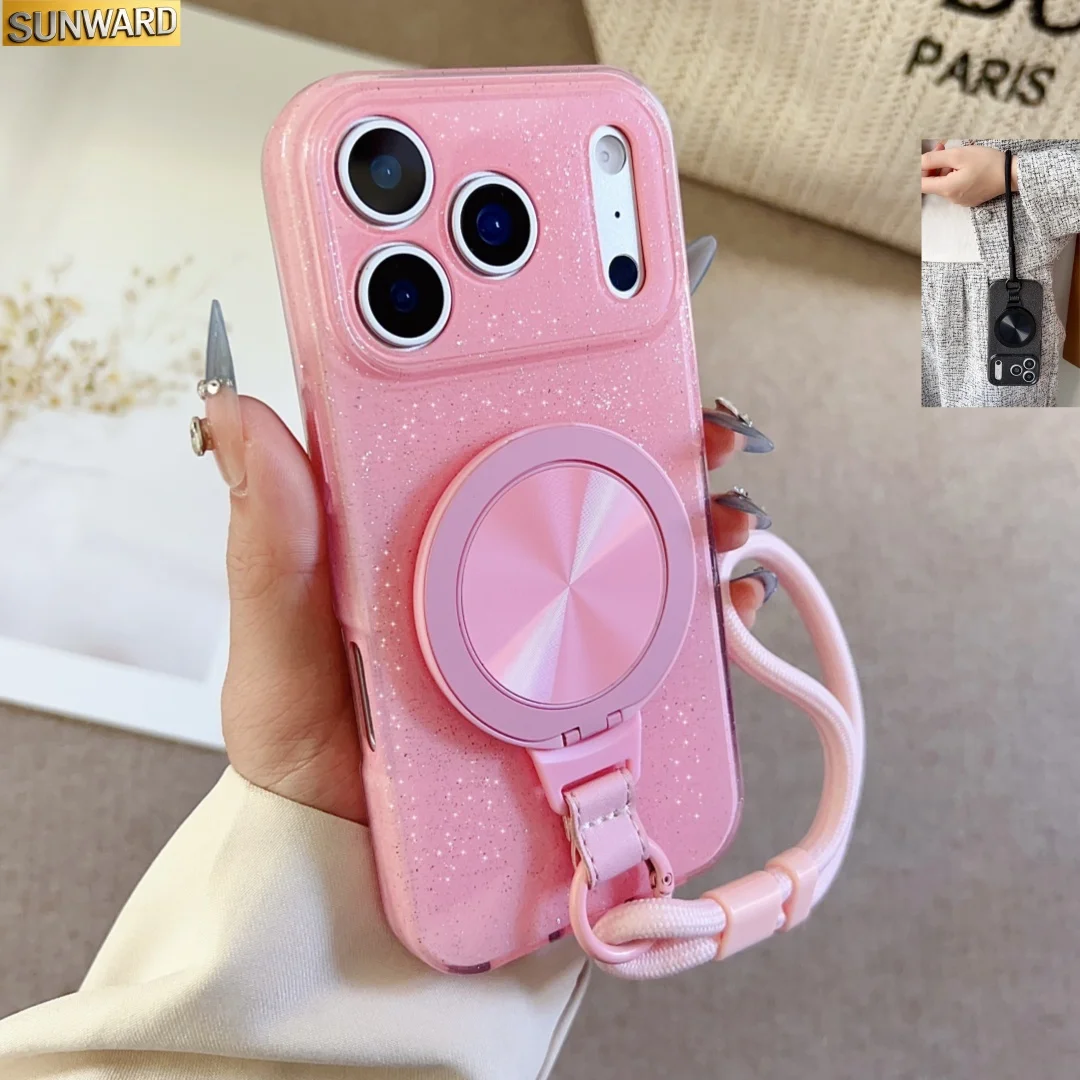 Für iPhone 17 Air 16 E 11 14 13 12 XS 15 Pro Max XR SE 7/8 Plus: Magnetische, drehbare Halterung mit Glitzer-Hülle und Hängeseil für MagSafe