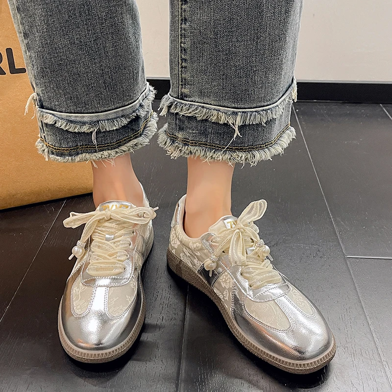 2024 Women Sneakers Spring Autumn Splicing Genuine Leather String Bead Lace-Up Casual Working Shoes Woman New Size 35-40