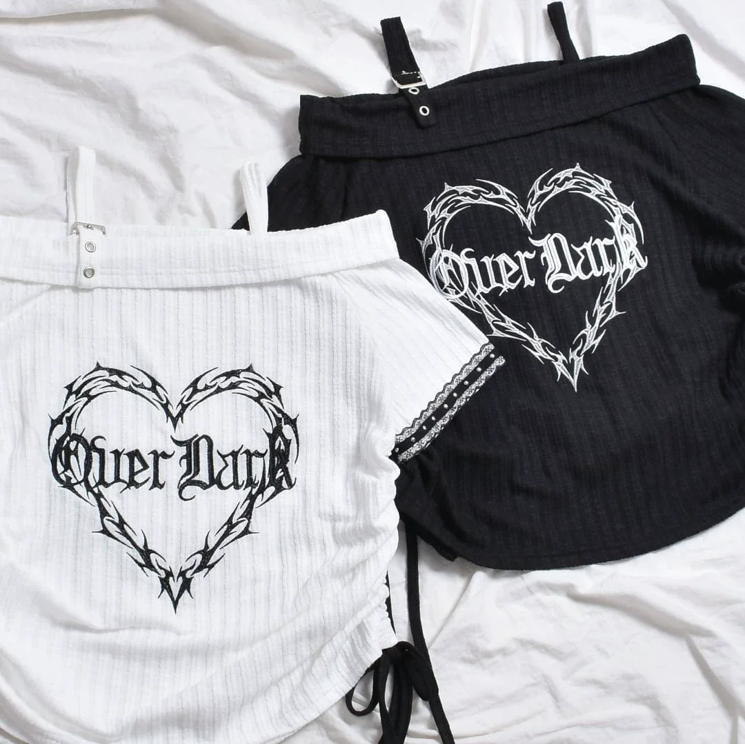 Subcultural Dark Punk Gothic Mass Production Y2k Top Love Embroidery Versatile One Shoulder Short Sleeve T-shirts for Women
