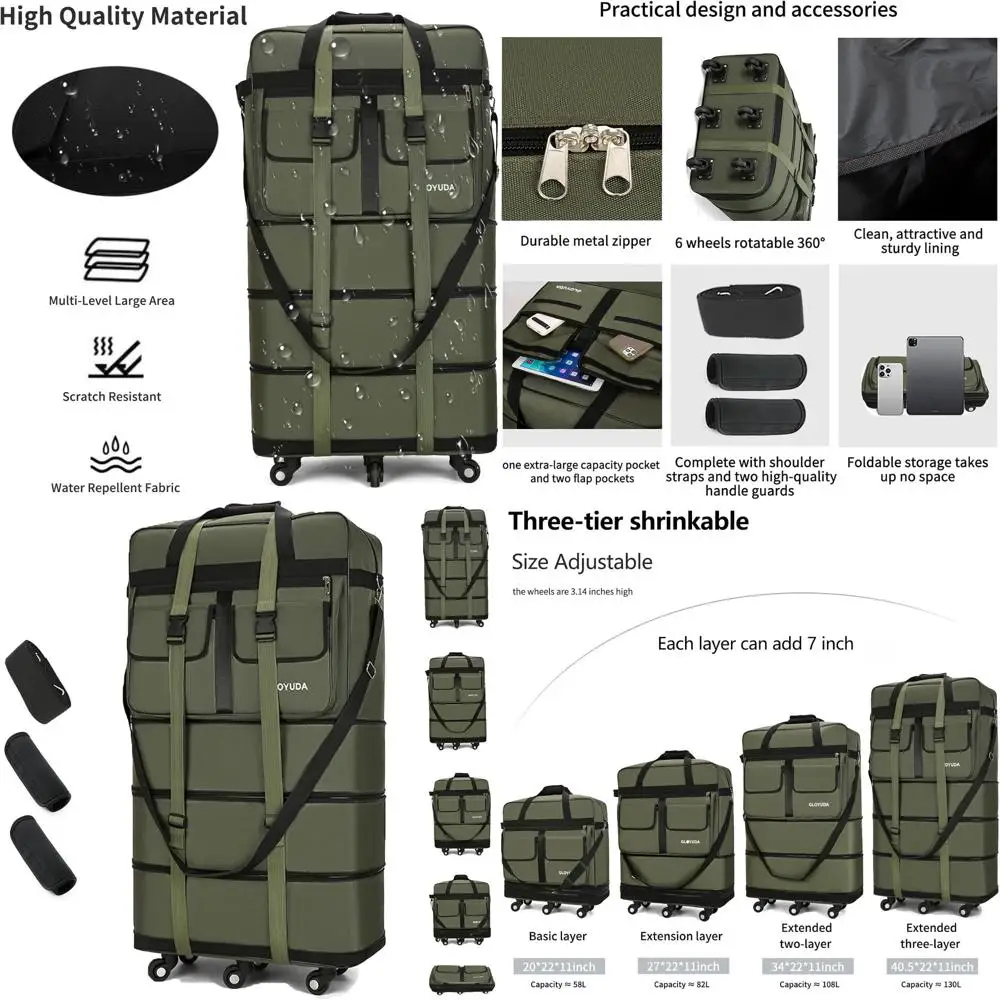 

40-Inch Expandable Suitcase with Wheels, Collapsible Luggage, Rolling Duffle, Foldable Bag - 2 Handles, 2 Straps, 1 Shoulder Str