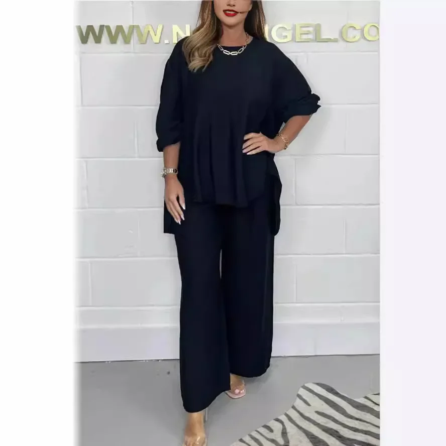 Korean Women Elegant Two Piece Set Spring and Summer Loose Long Sleeve Tops and High Waist Wide Leg Pants Suit Casual Outfits