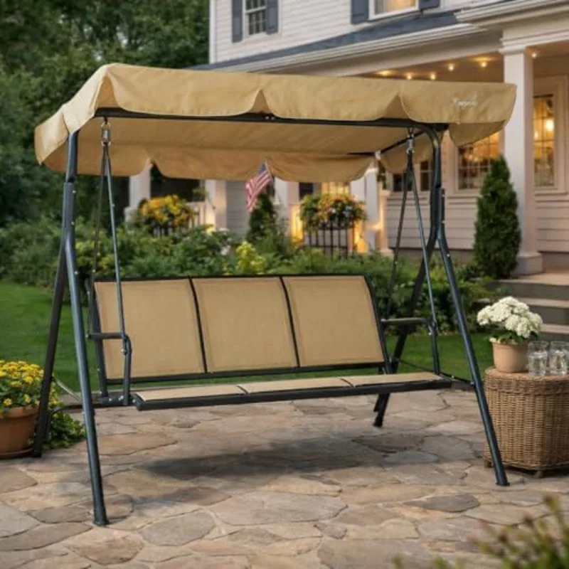 3-Person Outdoor Canopy Porch Swing Chair, Breathable Textilene Seat & Armrests, Adjustable Canopy Shade, Heavy-Duty