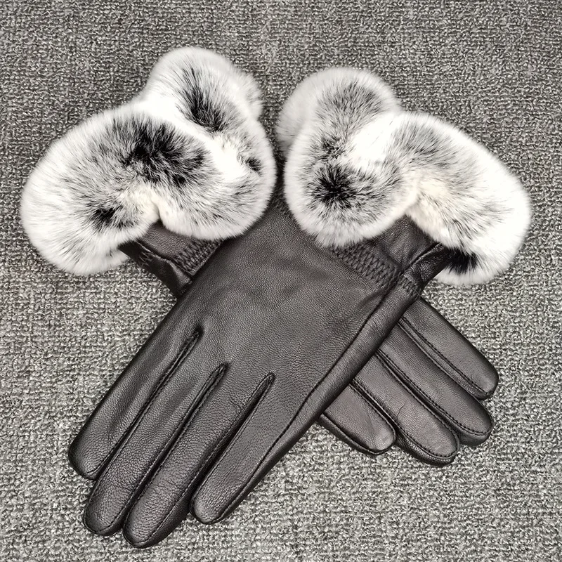 Leather Gloves Winter Women's Rex Rabbit Fur plus Velvet Thermal and Windproof Full-Grain Sheepskin Gloves Wholesale