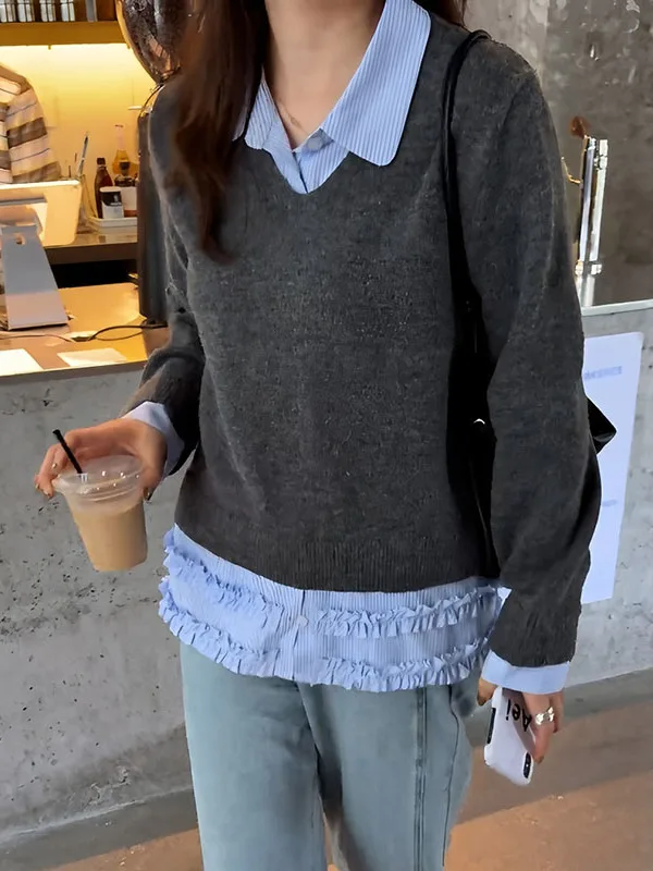 ゆったりとした女性用カレッジスタイルのスリーブ付きトップス、ウッド風のフリルカラー、体型カバー効果のあるスリムフィット、プラスサイズの女の子向け