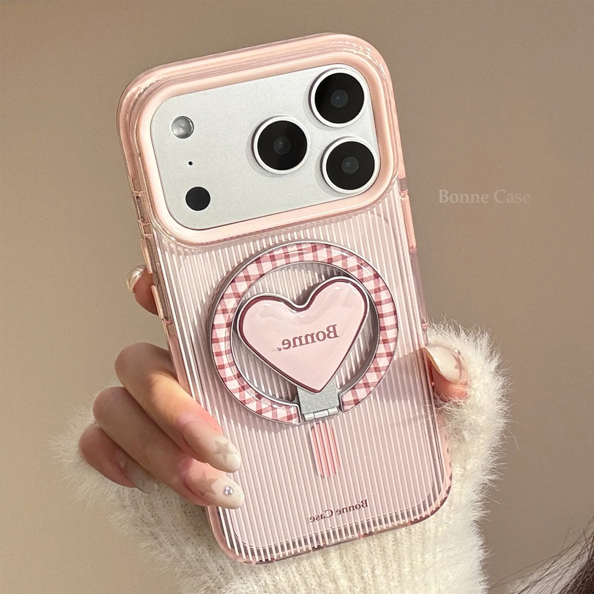 Koreanische gestreifte Handyhülle mit Gitter-Herz-Magnethalterung für iPhone 17 16 15 14 13 12 Pro Max, stoßfeste weiche Schutzhülle
