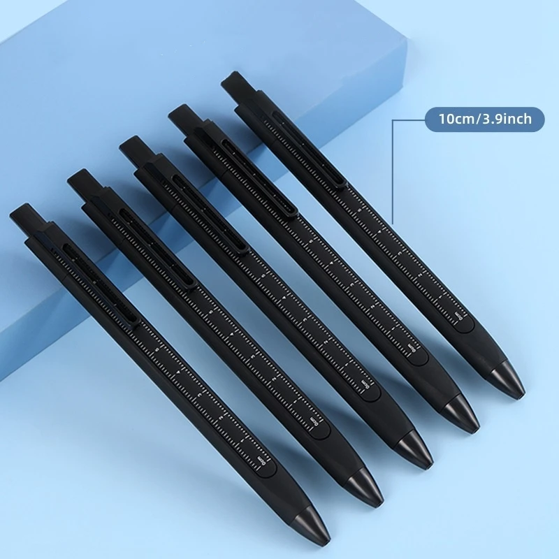 5pcs Ruler Pens Set 10cm Self-contained Ruler 0.5mm Ballpoint Black Color Gel Ink for Writing F7432