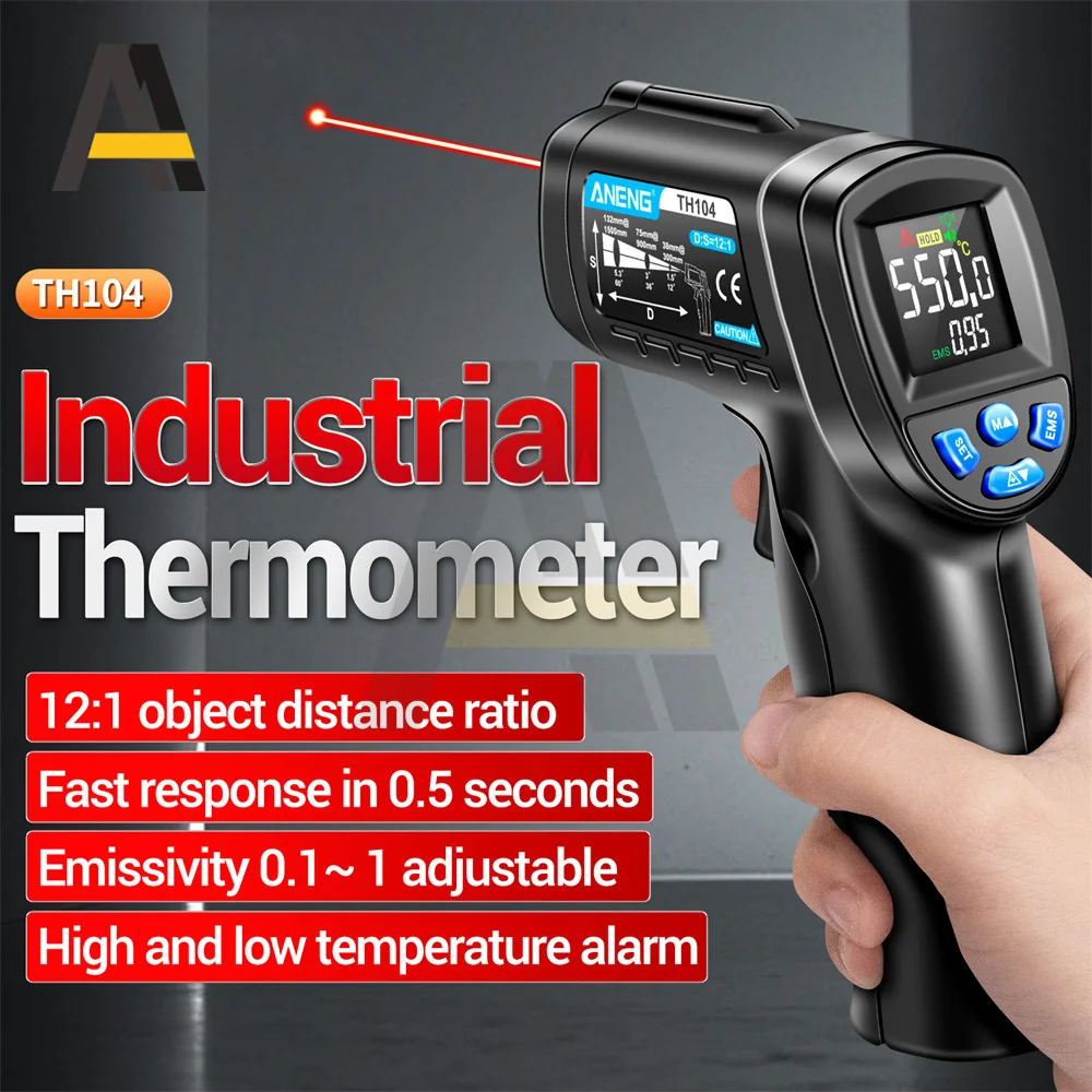 ANENG TH104 مقياس الحرارة بالأشعة تحت الحمراء الرطوبة عدم الاتصال الاستشعار-50 ~ 550 ℃   مسدس درجة الحرارة LCD شاشة عرض بإضاءة خلفية مقياس البيرومتر