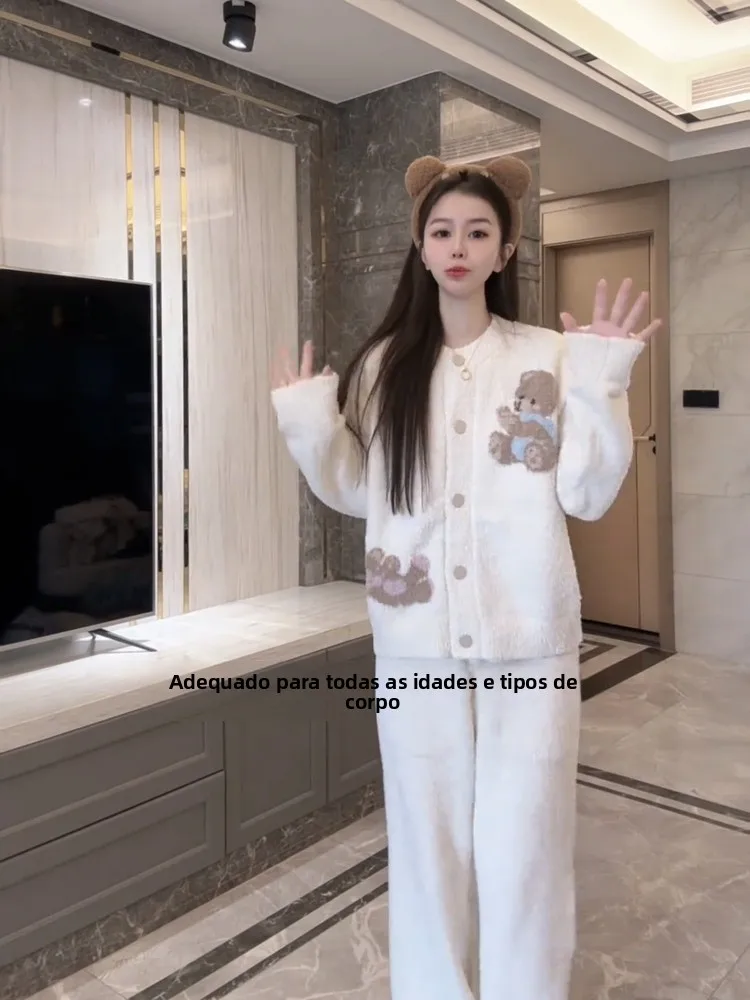 2025年新作-レディース-コーラルフリースパジャマ-刺繍入りクマ柄-ハーフベルベット-厚手-暖かい秋冬用ホームウェア