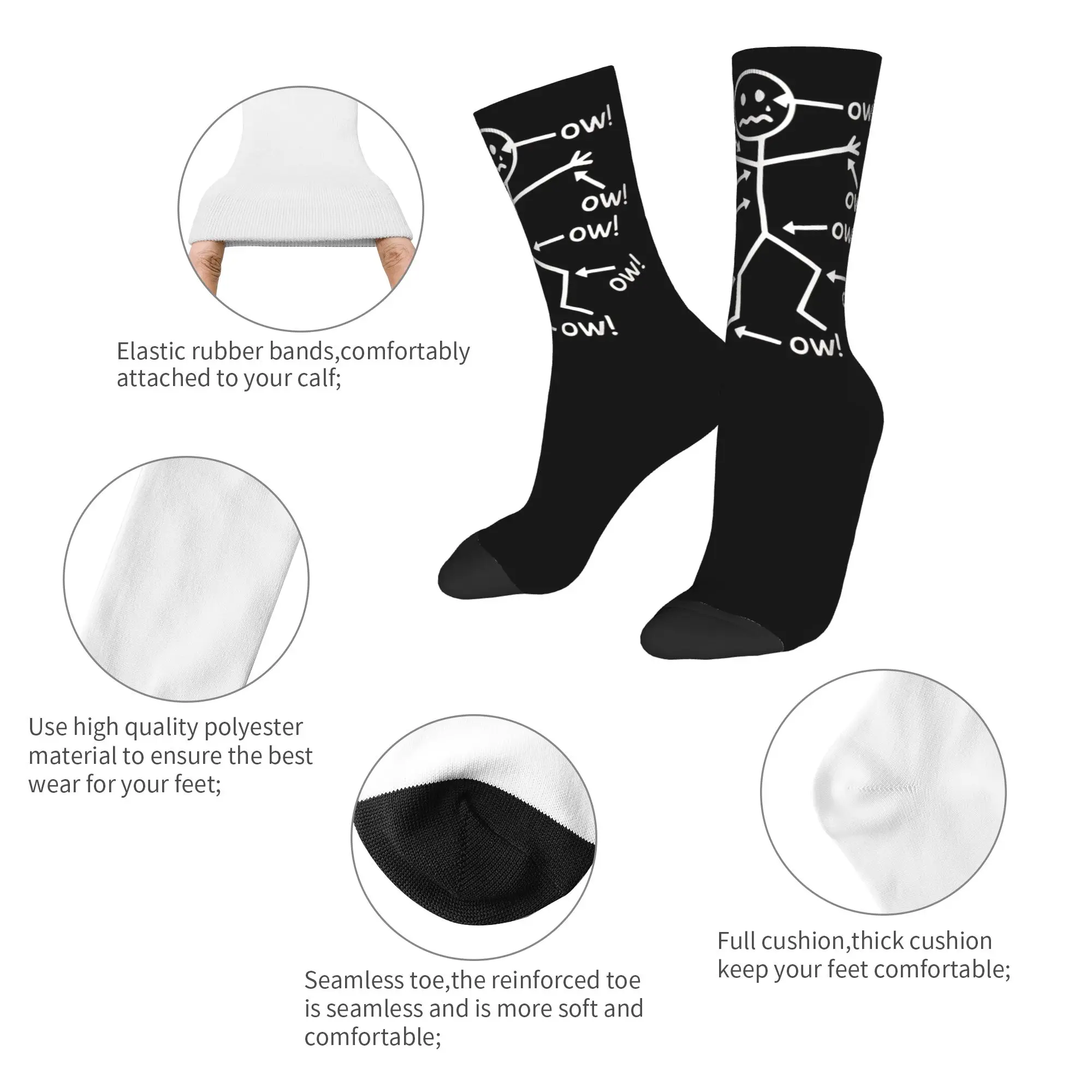 Ow Ow Ow Ow Saying Body Pain Character Socks Men's Women's Polyester Funny Happy  Socks Crazy Spring Summer Autumn Winter Socks