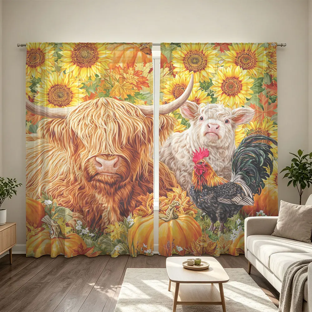 2Pcs Fall Highland Cow Pig Rooster Sunflower Rod Pocket Curtains Double Sided Window Drapes Privacy Curtain Panels for Bedroo