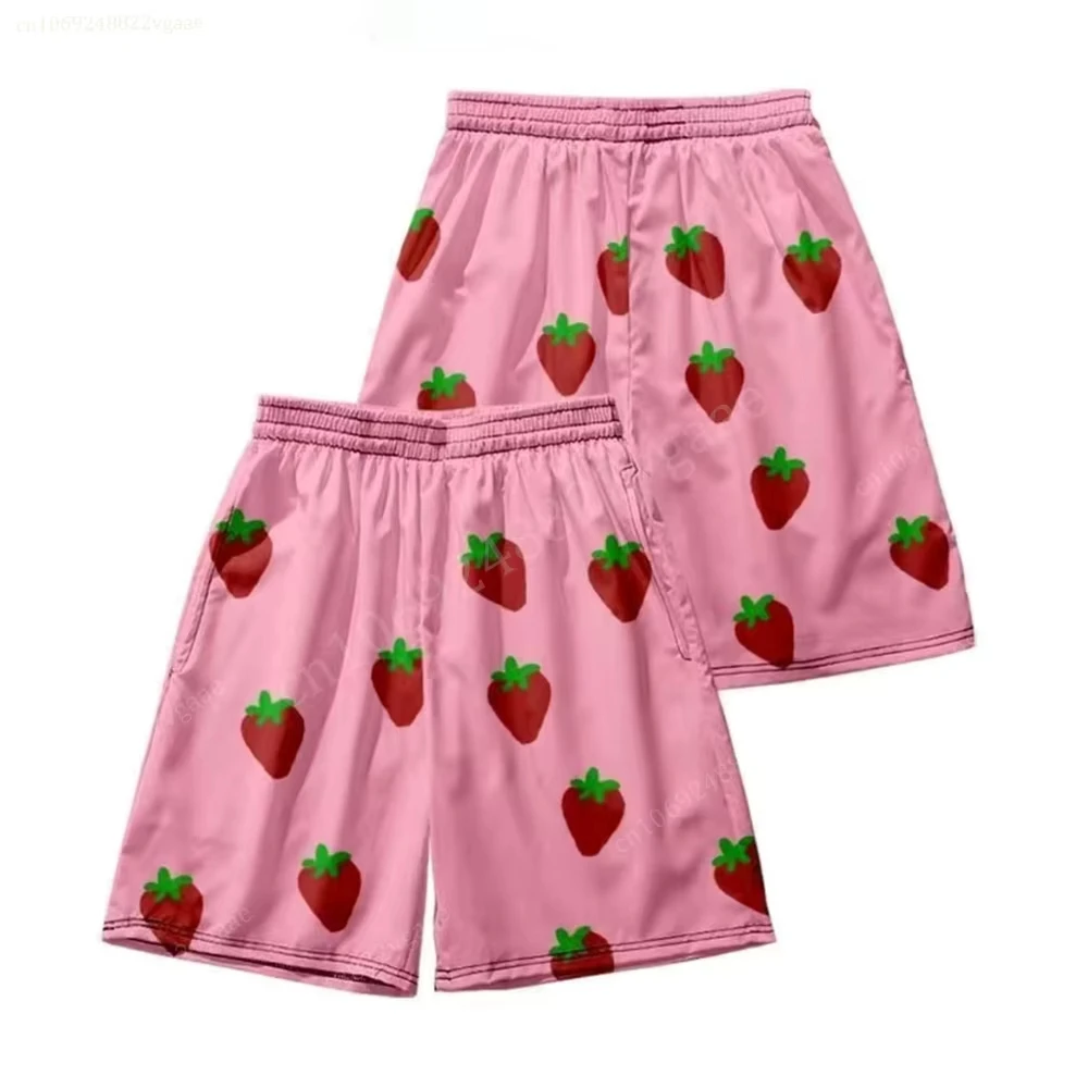 Summer Hot Sale Men Pink Full Strawberry Print Loose Basketball Shorts Elastic Waist Lightweight Beach Home Sports Lounge Shorts