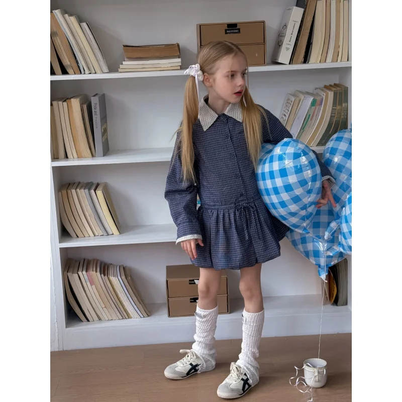 

2025Girls Blue Plaid Autumn New Doll Collar Long Sleeve Dress Children's Vintage Check Shirt Dress