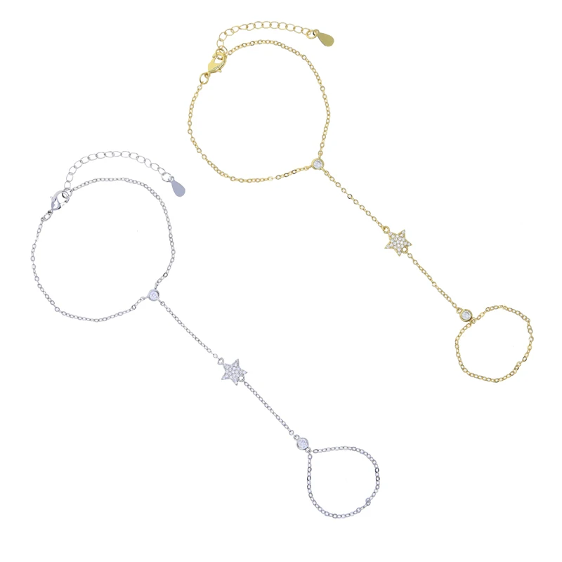 New Elegant Five-pointed Star Pendant Link Chain Ring Bracelets for Women Paved Cubic Zircon Gold Platinum Color Fashion Jewelry