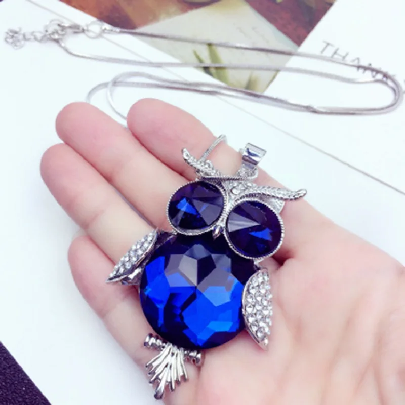 Vivid Owl Pendant Long Necklace For Women Blue Grey Color Sweater Chain Jewelry Accessory